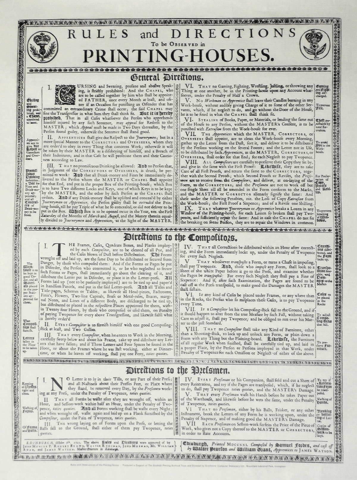 Rules and Directions to be observed in Printing-Houses poster